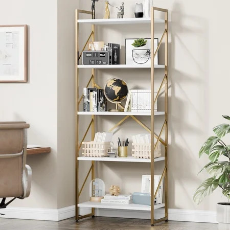 Walsunny Bookshelves Wooden Bookcases 5 Tiers H-Shaped Bookshelf with 5 Open Display Shelves Gold | Walmart (US)
