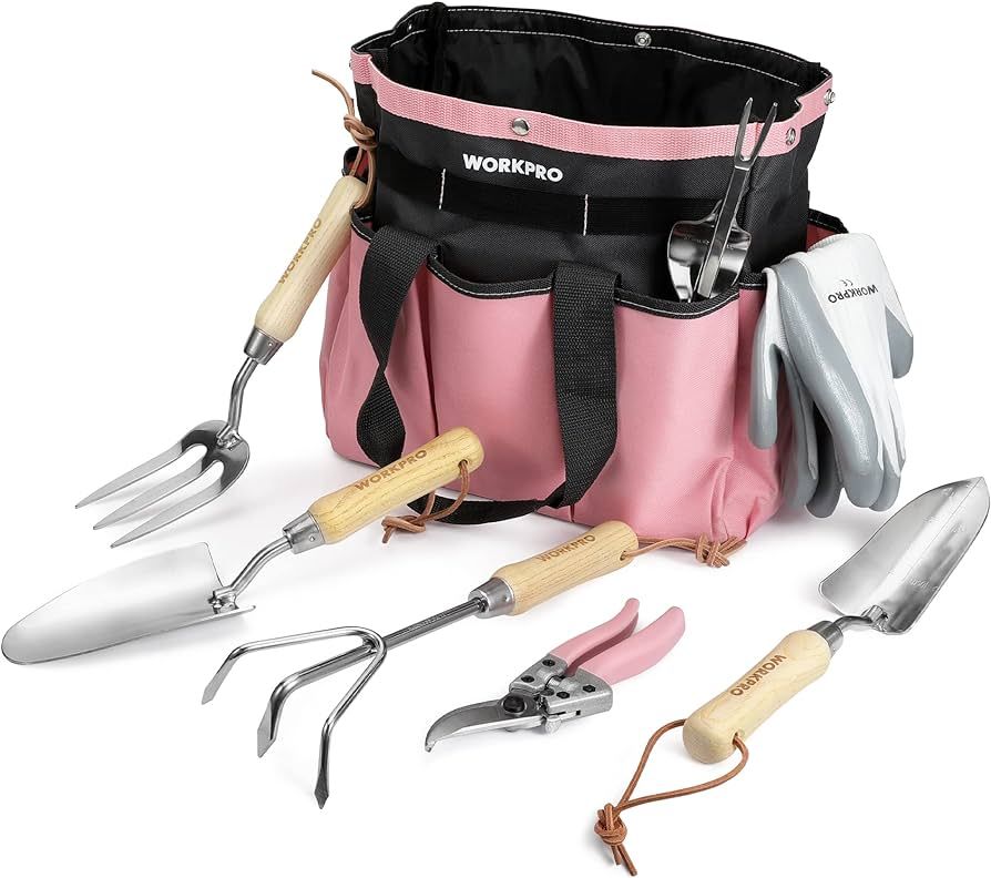 WORKPRO 7-Piece Pink Garden Tool Set, Stainless Steel Gardening Tools with Wood Handle, Including... | Amazon (US)