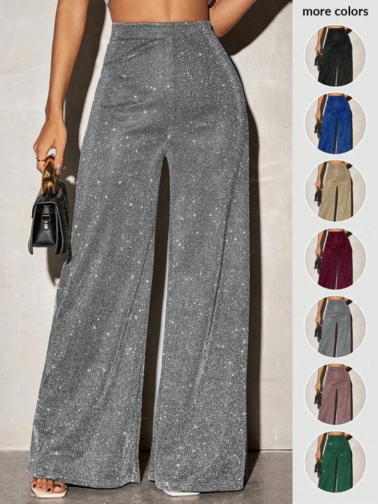 SHEIN SXY Women Casual High Waist Wide Leg Shiny Knit Long Pants | SHEIN