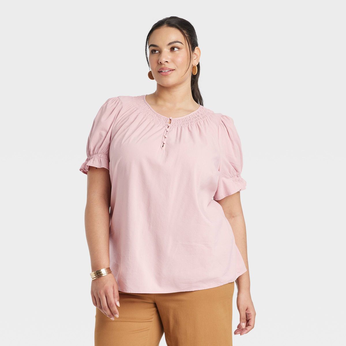 Women's Puff Short Sleeve Smocked Woven Top - Ava & Viv™ | Target