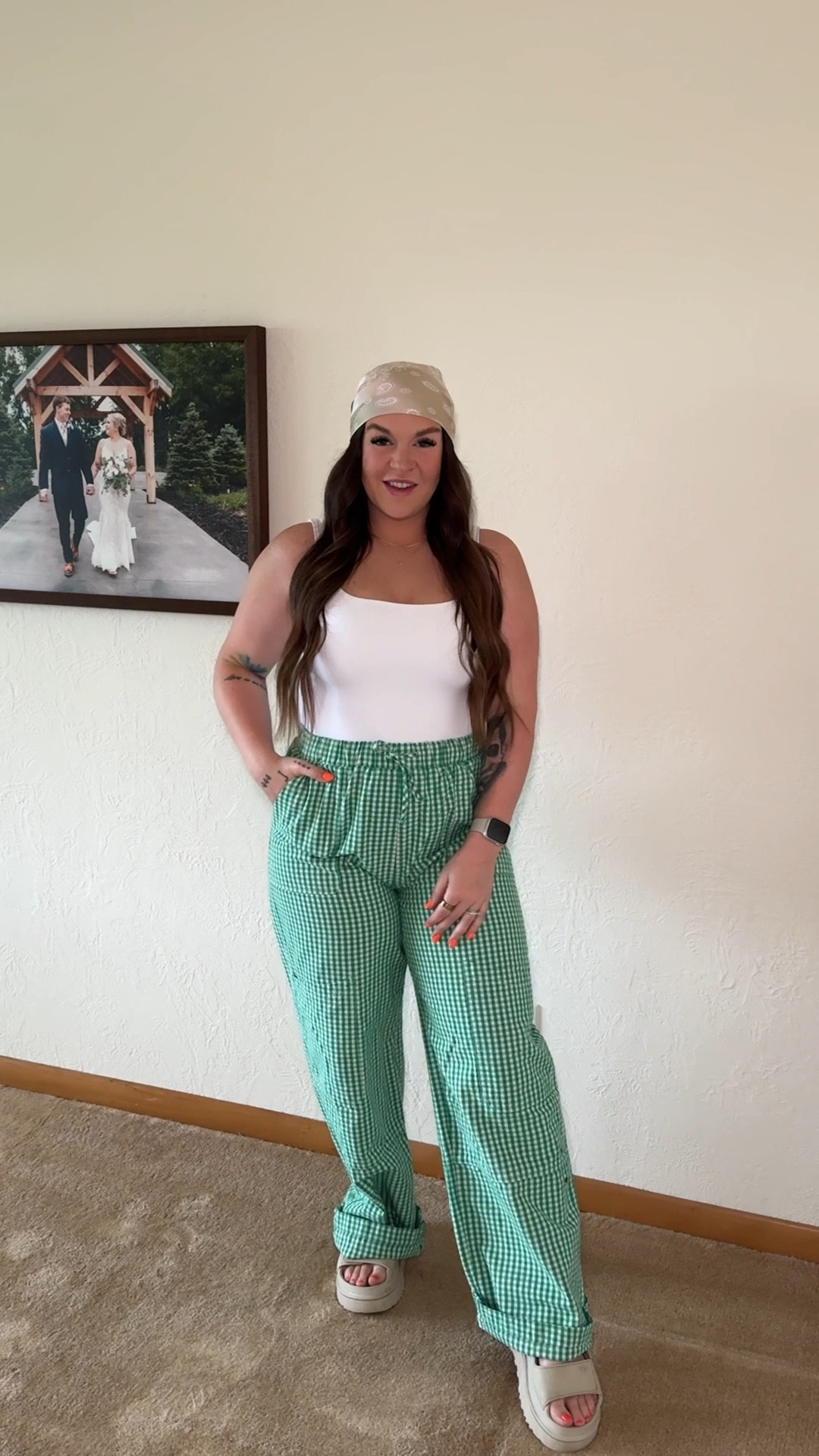 Summer outfit | bodysuit | gingham pants | uggs | Ugg sandals 

Body suit : medium 
pants | large

#LTKStyleTip #LTKSeasonal #LTKMidsize