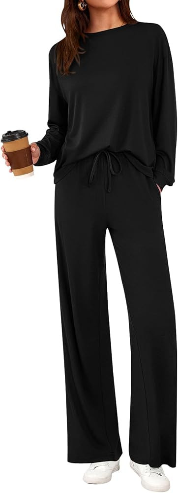 PRETTYGARDEN Womens 2 Piece Outfits Long Sleeve Crewneck Lounge Sets Wide Leg Pants Woman Tracksu... | Amazon (US)