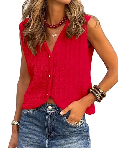 BTFBM Summer Sweater Vest for Women 2025 Sleeveless V Neck Button Up Cardigan Waffle Knit Tank Tops Spring Clothes(Red, Medium) | Amazon (US)