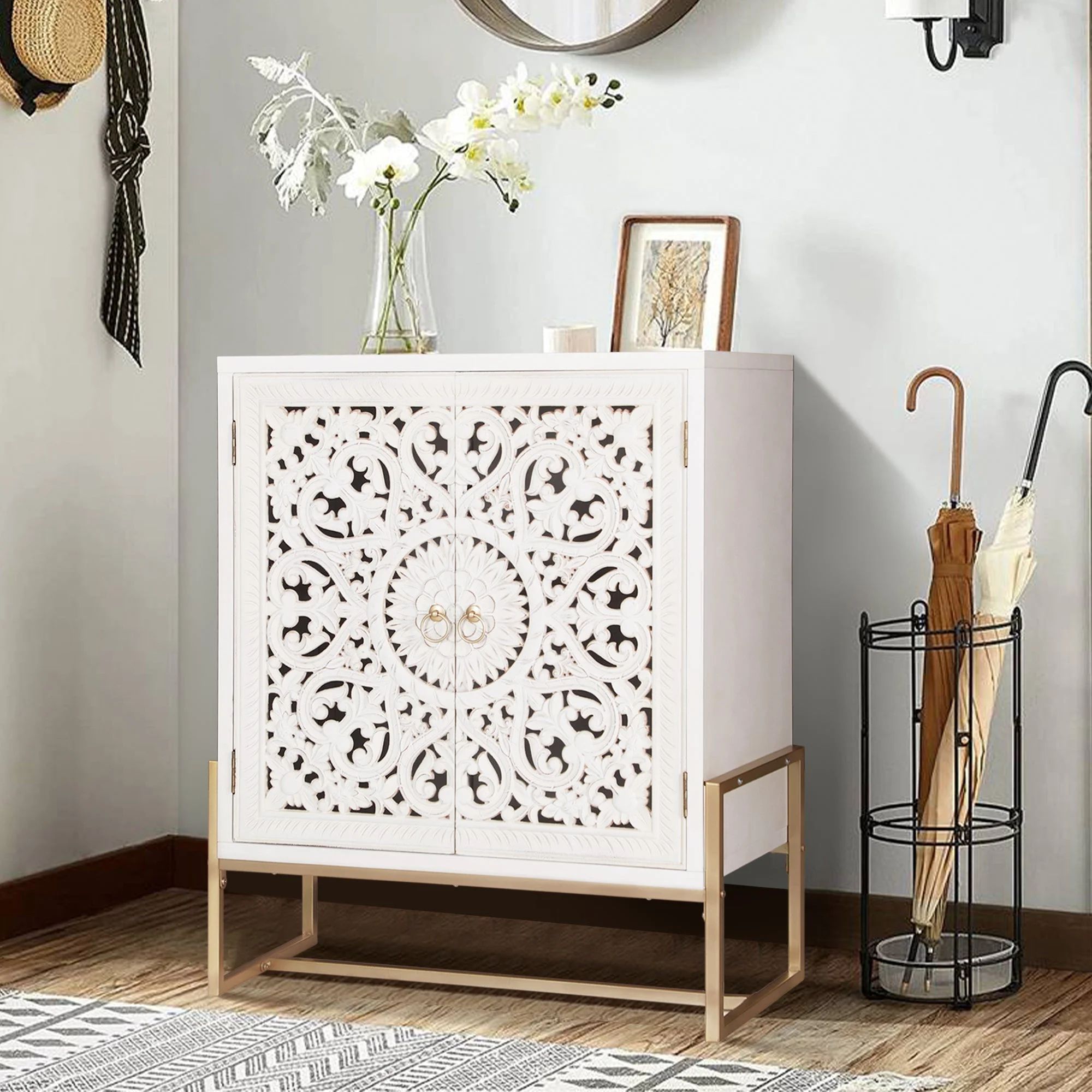 Alpha Joy 2-Door Hollow Carving Accent Cabinet with Metal Feet-White | Walmart (US)