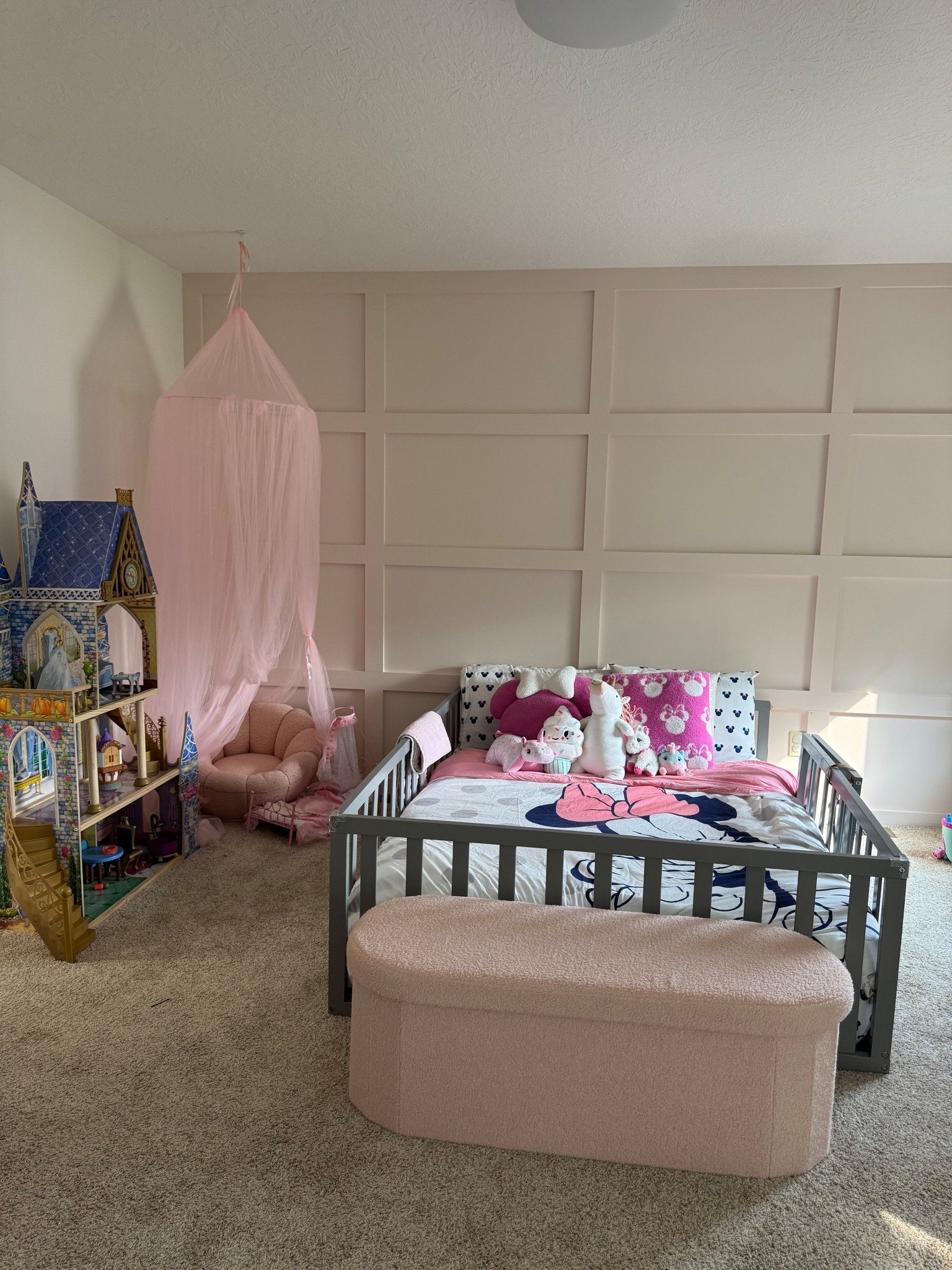 Girls room decor. Kids room. Storage bench. Princess theme room decor. Princess decor. Pink accent wall. Board and batten wall. Pink accent wall. Disney room decor. Minnie Mouse bedroom. Toddler girl room decor. Montessori floor bed. 

#LTKHome #LTKFamily