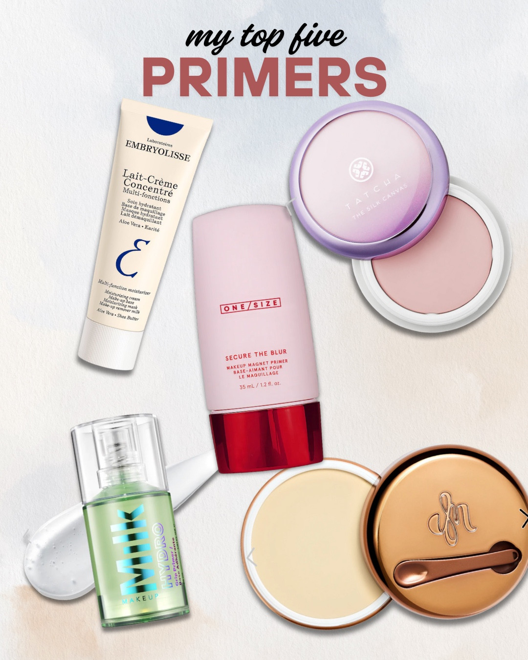 These are my top 5 primers for hydration, grip, and a flawless base that holds up all day.

Embryolisse Lait-Crème Concentré – A cult-classic multitasker. Hydrates, primes, and preps the skin with a smooth, moisturized finish.

ONE/SIZE Secure the Blur Makeup Magnet Primer – Smooths texture and minimizes pores. Perfect for blurring and locking in makeup.

Tatcha The Silk Canvas Protective Primer – Velvety balm texture that fills in fine lines and gives a smooth, soft-focus effect. A little goes a long way.

Danessa Myricks Yummy Skin Blurring Balm Powder (Universal) – Blurs, balances oils, and improves texture. Great as a smoothing base under makeup.

Milk Hydro Grip Primer – Sticky, hydrating hold that grips makeup in place all day. Gives a dewy finish without feeling heavy.

#Top5Primers #FlawlessBase #GrippingPrimer #BlurringPrimer #MakeupThatLasts #HydratingPrimer #LTKMakeup #LTKBeauty

#LTKBeauty