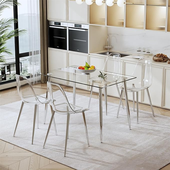 Ufurpie 5 Piece Dining Room Table Set, 51" Glass Kitchen Table & 4 Clear Chairs,Clear Dining Tabl... | Amazon (US)