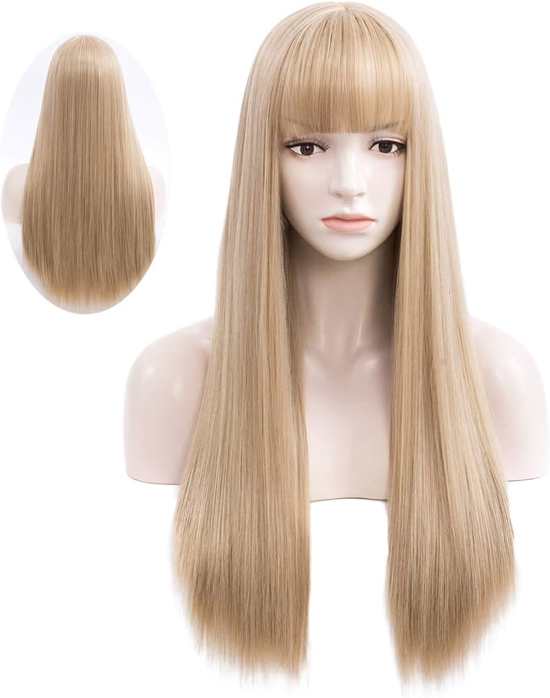 Netgo Blonde Wig with Bangs, Long Straight Ash Blonde Wig for Women, 27 Inch Heat Resistant Synth... | Amazon (US)