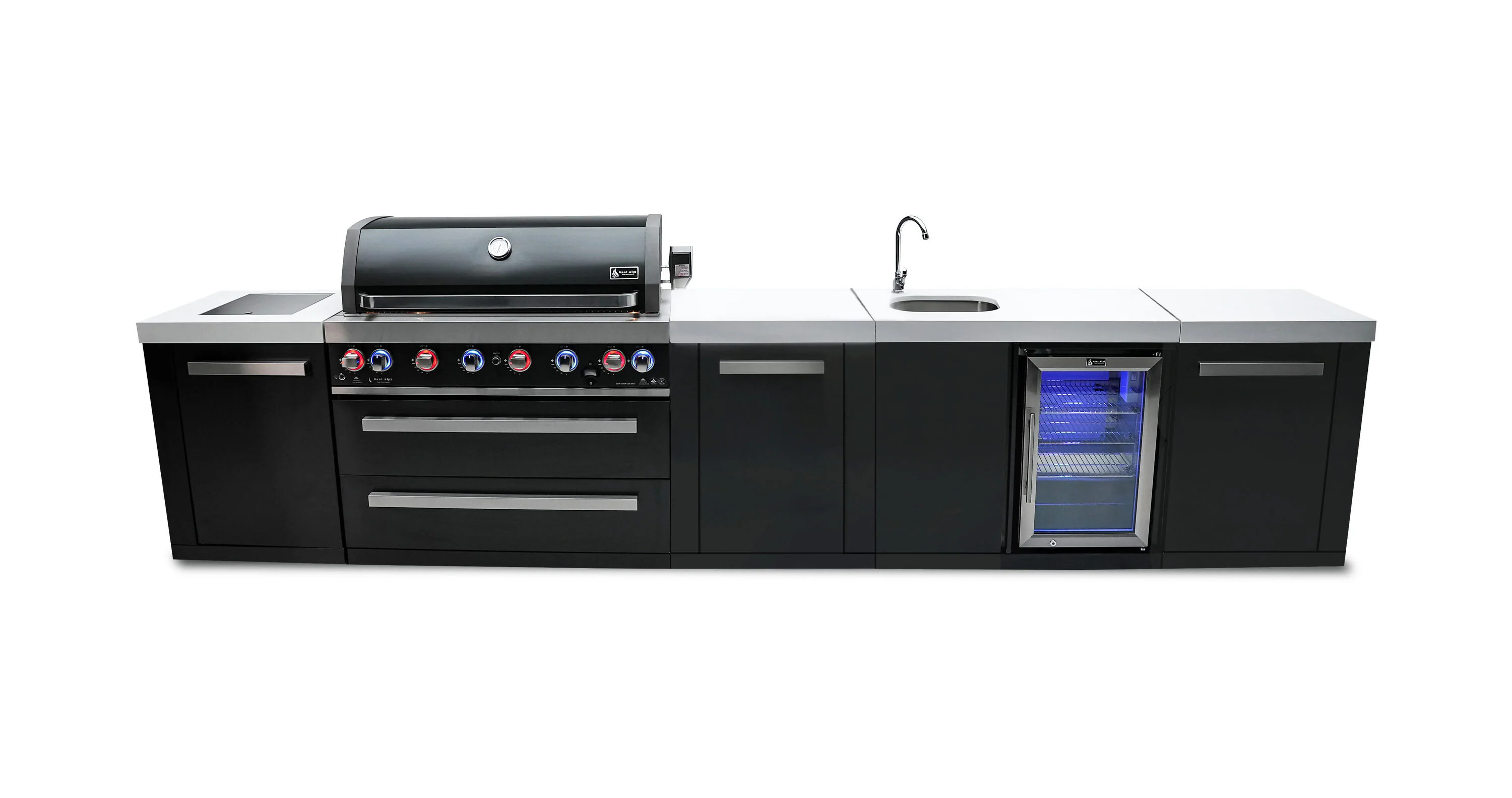 Mont Alpi 805 Black XL Series 157-in W White / Black Stainless Steel Grill island Modular Outdoor Kitchen 8 -Burners | MAI805-BSSBEV-EXC | Lowe's