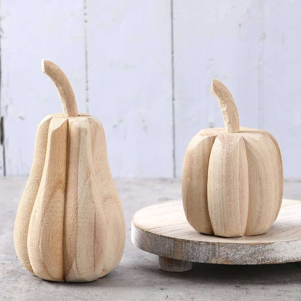Barydat 2 Pcs Paulownia Wood Carved Pumpkins 6.5 x 3.2 x 3.2 Inch 4.5 x 3.2 x 3.2 Inch Pumpkin Fi... | Amazon (US)