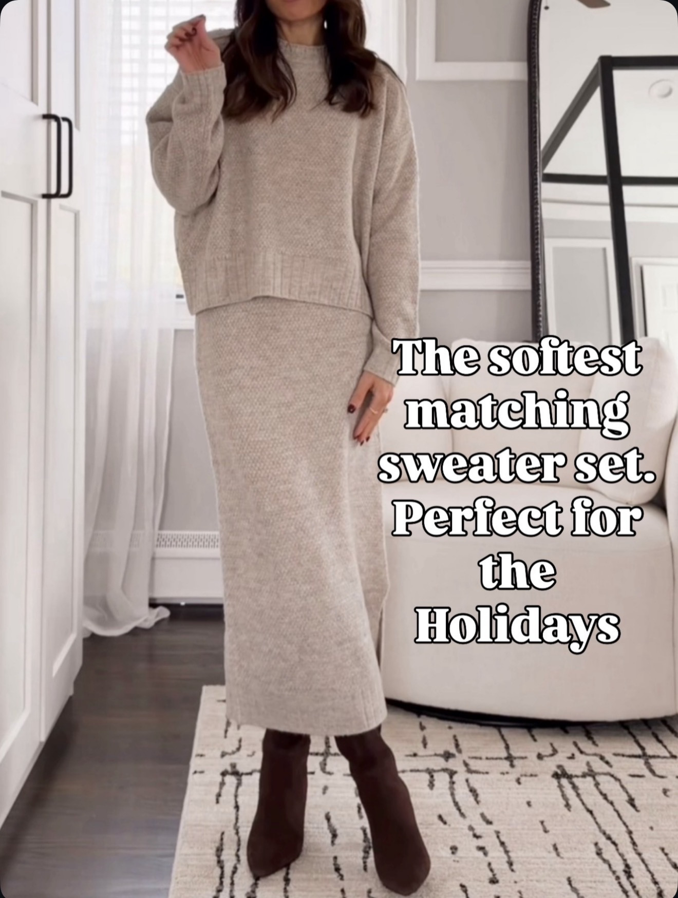The softest matching sweater set! Chic, warm, and perfect for holiday gatherings. Wearing size small in both 🤎

#LTKGiftGuide #LTKOver40 #LTKHoliday