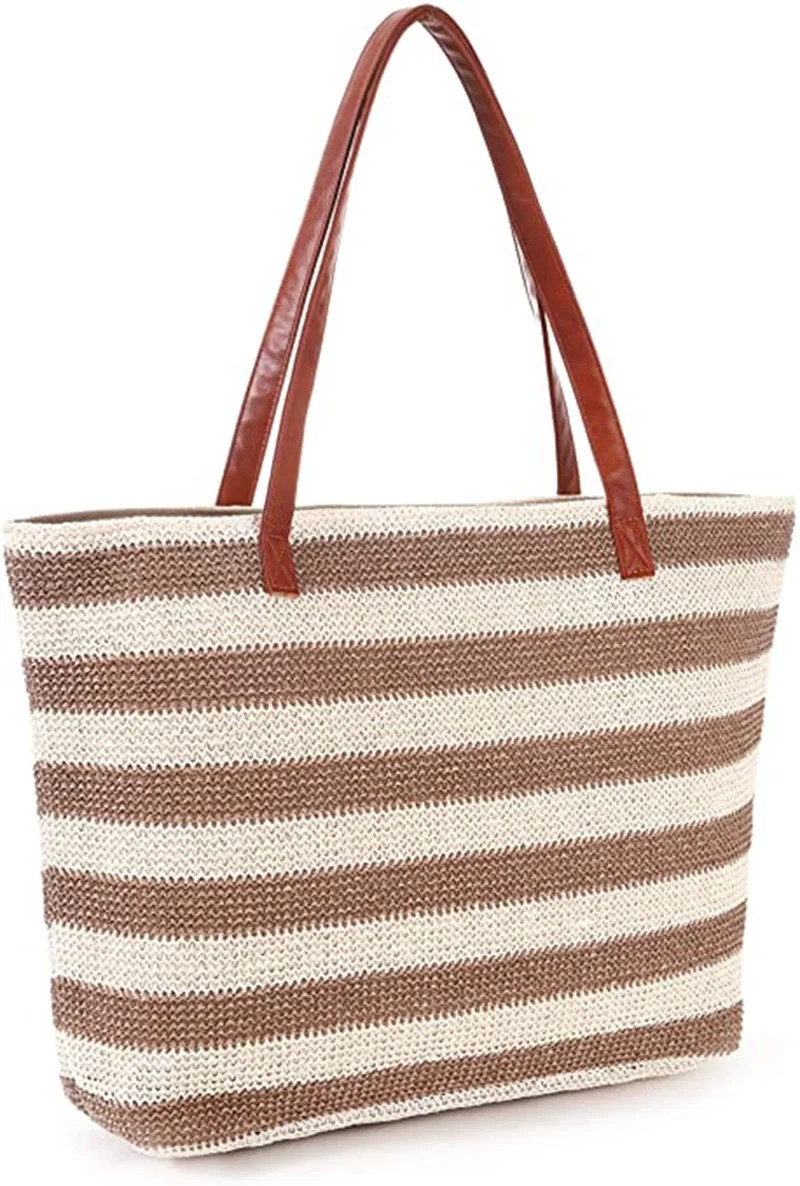 Sandproof Straw Beach Bag with Zipper , Stripe Big Large Bags Tote with Inner Pockets , Travel Gy... | Walmart (US)