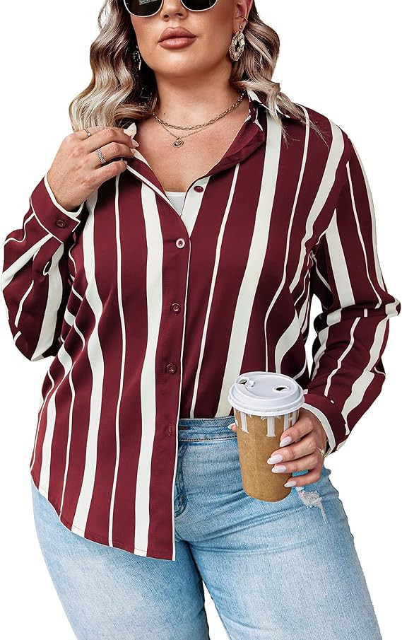 IN'VOLAND Women's Plus Size V Neck Striped Shirts Roll up Sleeve Button Down Blouses Top | Amazon (US)