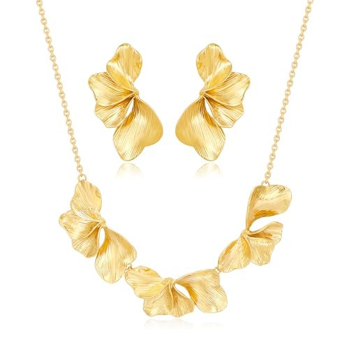 FILMOON Statement Flower Necklace and Earrings for Women Gold Plated Chunky Floral Boho Jewelry | Amazon (US)