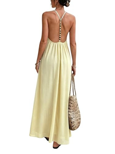 Verdusa Women's Backless Cami Dresses Linen Maxi Dress Sundress Open Back Vacation Beach Summer Outfits Sparkling Yellow X-Large | Amazon (US)