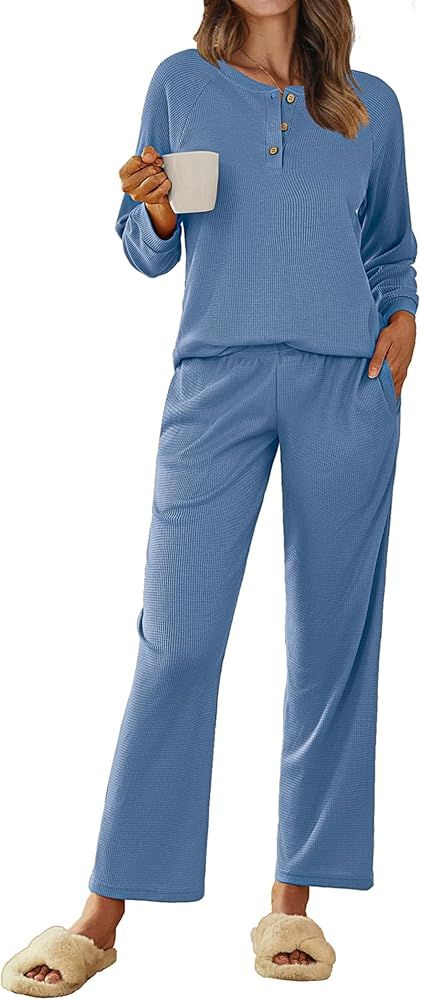 Ekouaer Waffle Knit Pajamas for Women Set Long Sleeve Pants Pj Henley Tops Lounge Sets Comfy Slee... | Amazon (US)