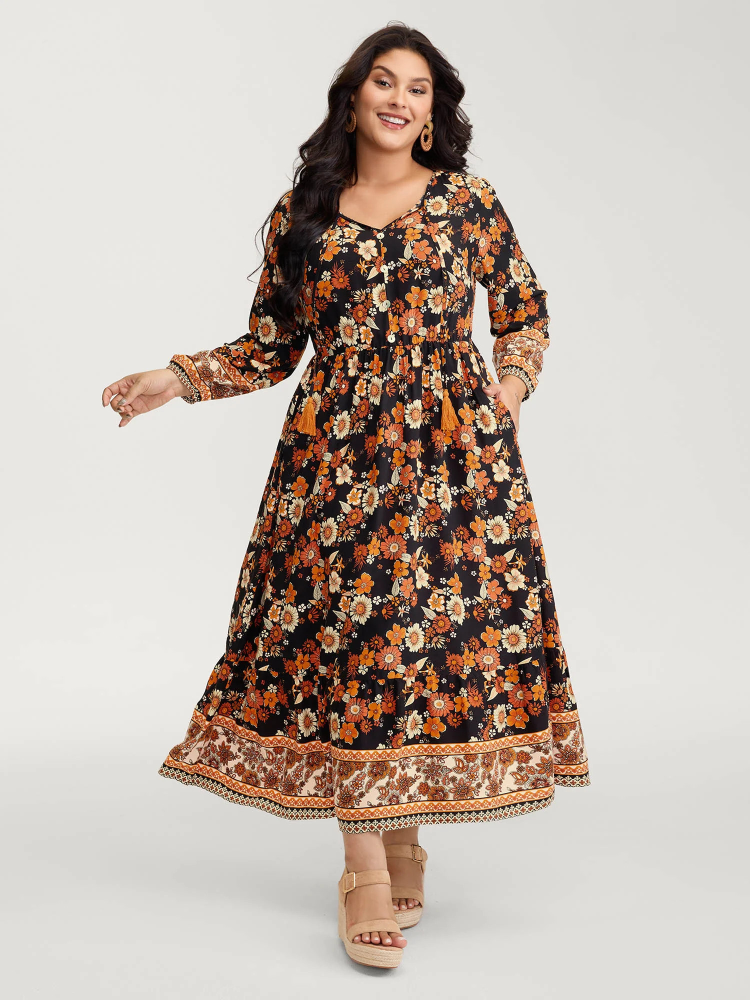 Floral Stretchy Waist Neck-Tie Maxi Dress | Bloomchic