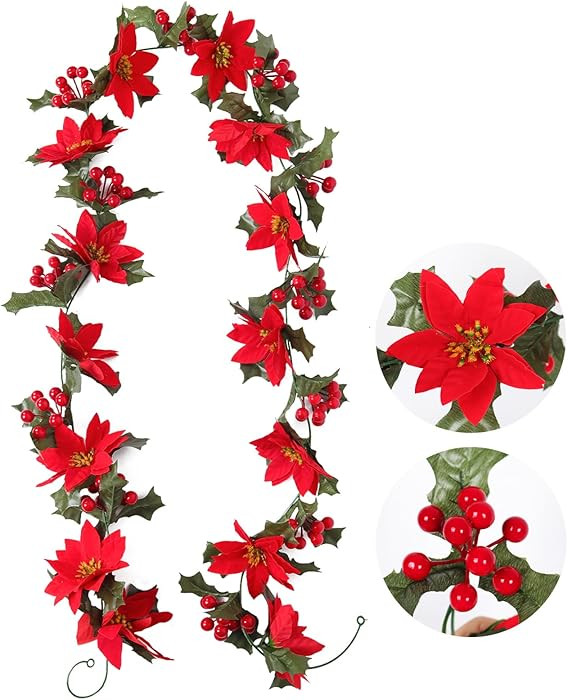 RECUTMS 2Pcs Christmas Red Berry Poinsettias Flowers Garlands 6.6ft Artificial Floral Holly Vines... | Amazon (US)