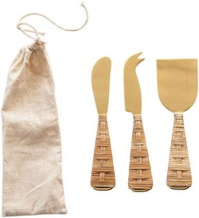 Creative Co-Op Cheese Knives with Rattan Handles, Gold Finish, Set of 3 Knife, 6.5" x 6.75" | Amazon (US)