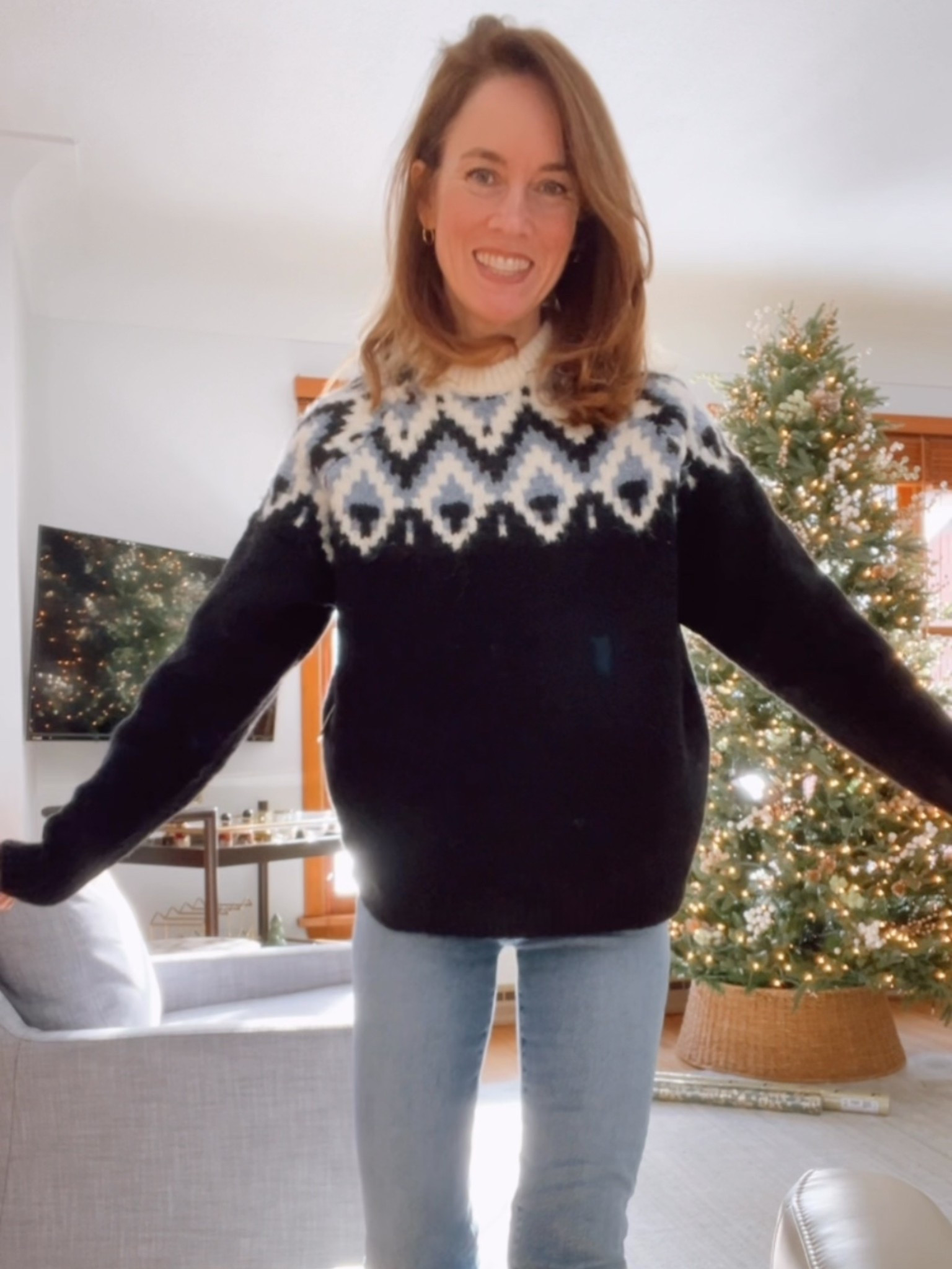 Fair isle sweater in navy blue white perfect for winter ski vacation. RD Style cardigan. #dailysweater #skivacation #over40style 

#LTKootd #LTKFindsUnder50 #LTKOver40