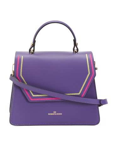 Made In Italy Leather Satchel With Stitching Detail Flap Over | TJ Maxx