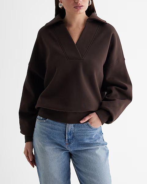 Relaxed V-Neck Fleece Polo Sweatshirt | Express