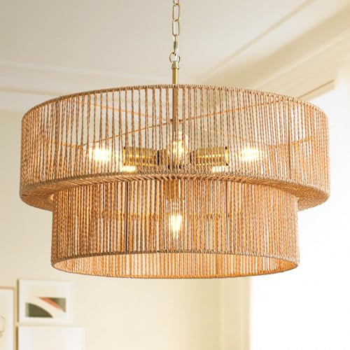 6-Light Boho Rattan Chandelier, 23.6" Rattan Pendant Light Fixture with 2-Tier Hand-Woven Shade, Farmhouse Chandelier Ceiling Light Fixture for Dining Room, Living Room, Bedroom, Kitchen Island, Foyer | Amazon (US)