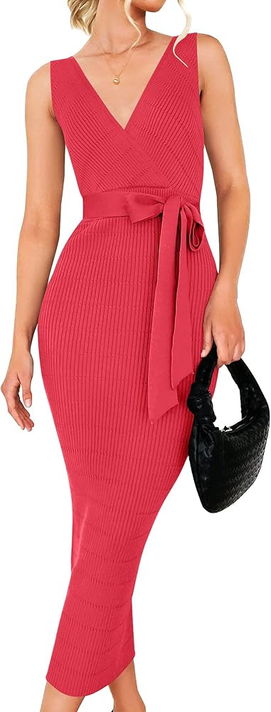 ZESICA Women's Summer Knitted Bodycon Midi Dress Elegant Wrap V Neck Sleeveless Tie Waist Sweater... | Amazon (US)
