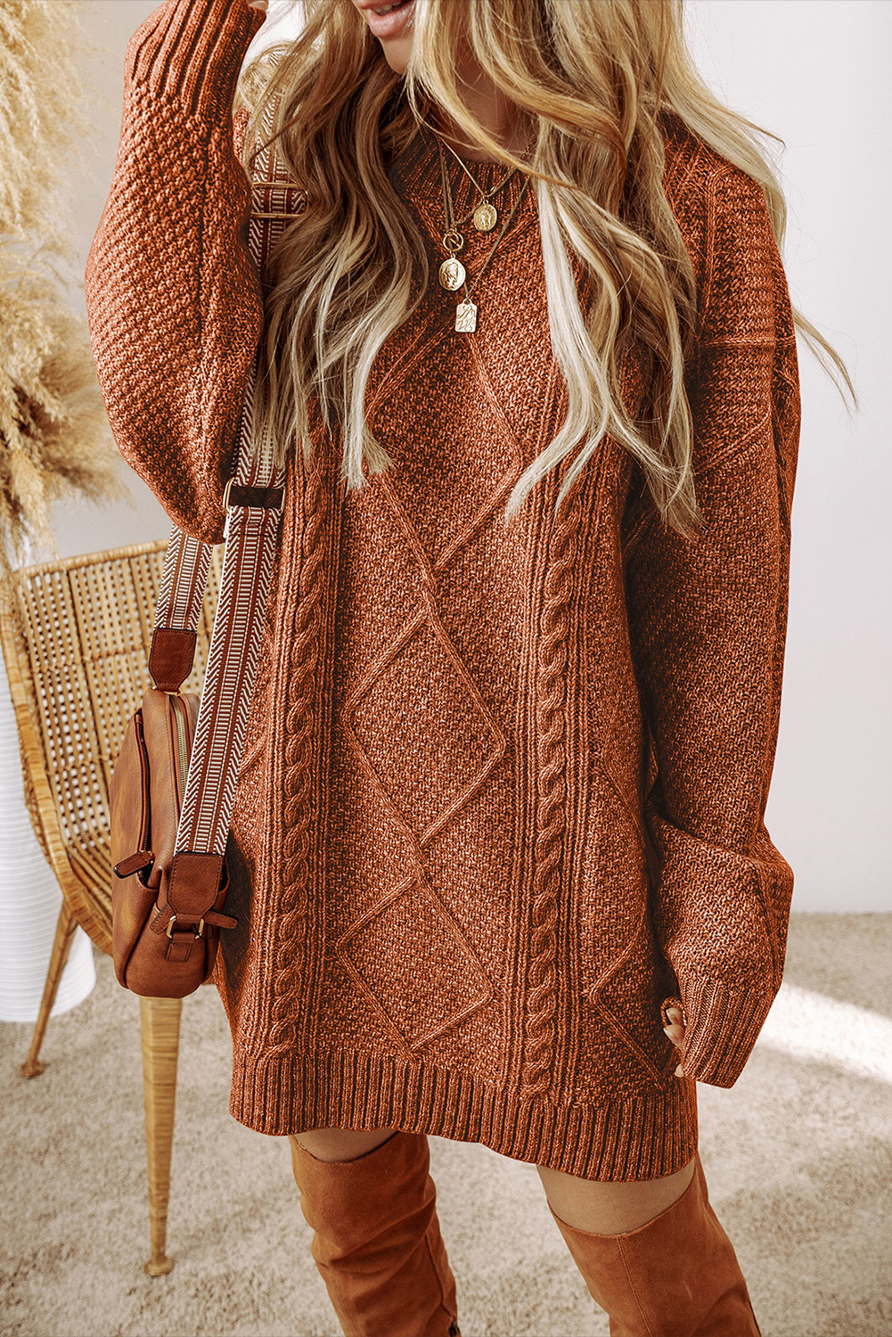 Coffee Twist Cable Knit Drop Shoulder Loose Fit Sweater Dress | Shewin