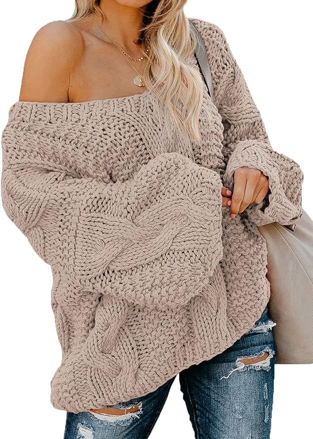 ROSKIKI Women's Casual Oversized Loose Long Sleeve Pullover Tops Bubblegum V-Neck Braided Knit Sw... | Amazon (US)