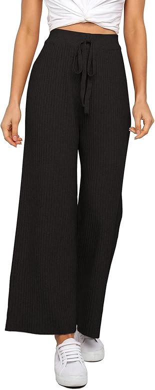 Waitfairy Womens Solid Rib Knit Wide Leg Pants Elastic Waist Flowy Sweater Pants | Amazon (US)
