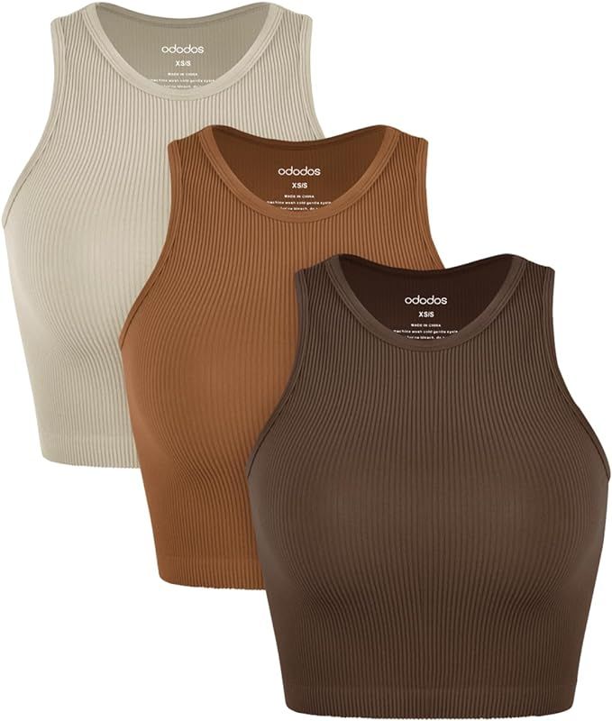 ODODOS 3-Pack Seamless Crop Tank for Women Ribbed Soft High Neck Cropped Tops | Amazon (US)