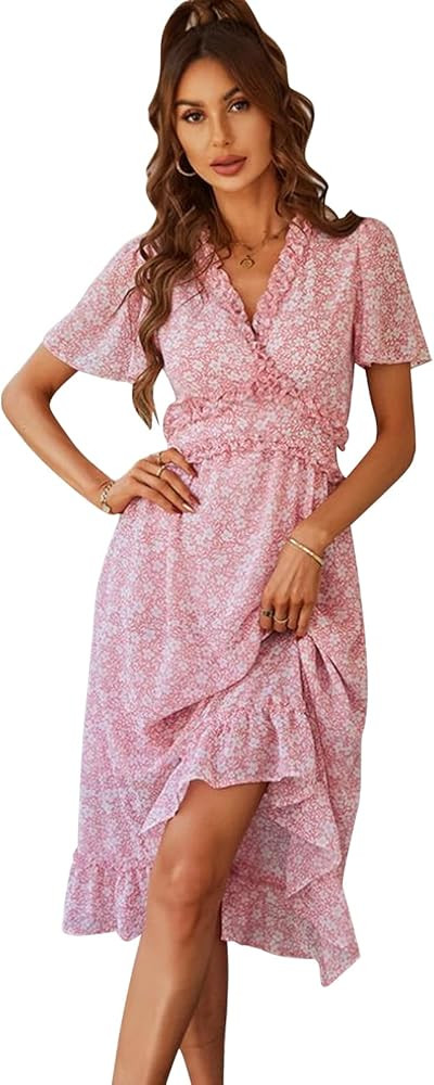 Comeon Women Casual Summer Short Sleeve Floral V Neck Boho Ruffle A-Line High Waist Flowy Midi Beach | Amazon (US)