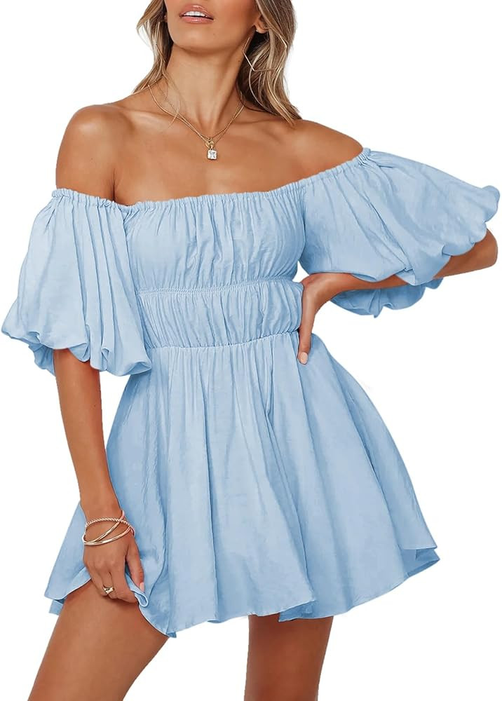 Dokotoo Womens Off The Shoulder Summer Dresses 2026 Short Lantern Sleeve Ruffle Elastic Waist A-L... | Amazon (US)