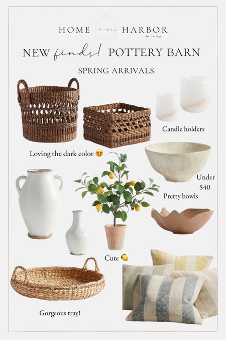 Pottery Barn new arrivals: woven baskets, large candle holders, faux lemon tree, scalloped bowl, woven tray, striped linen pillows, decorative vases, ceramic bowl 

#LTKSeasonal #LTKhome #LTKFind