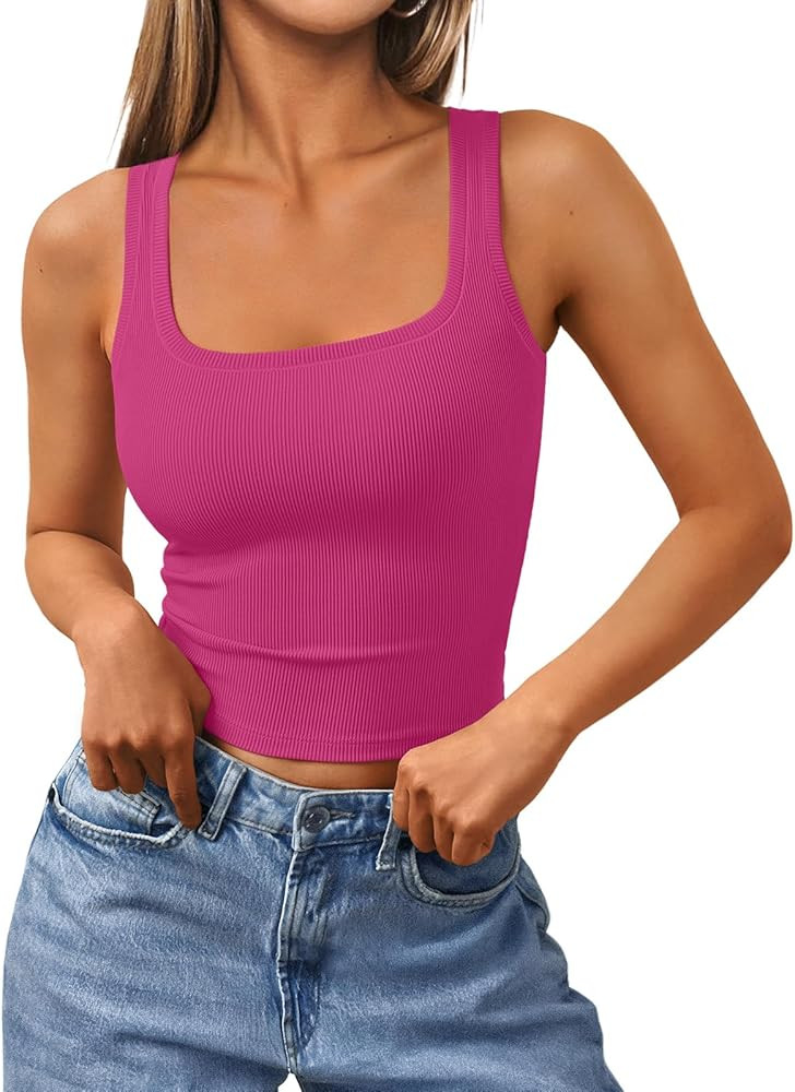 Trendy Queen Womens Square Neck Tank Tops Workout Cropped Ribbed Summer Camisole Sleeveless Cloth... | Amazon (US)