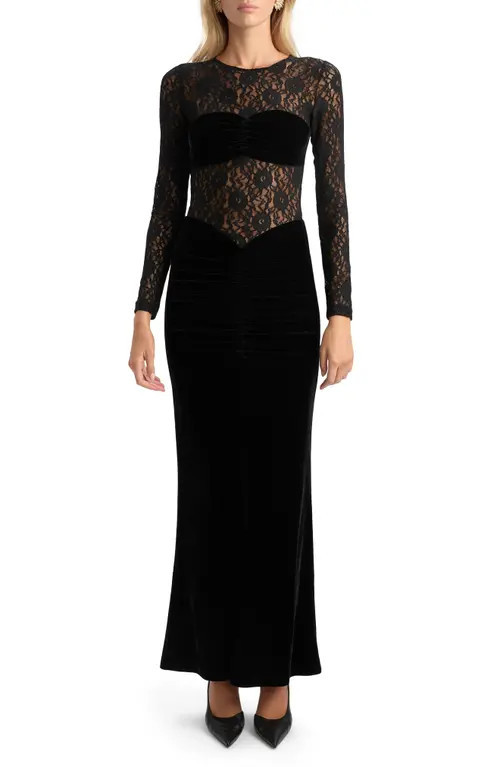 Bardot Helenie Velour & Lace Long Sleeve Dress in Black at Nordstrom, Size 4 | Nordstrom