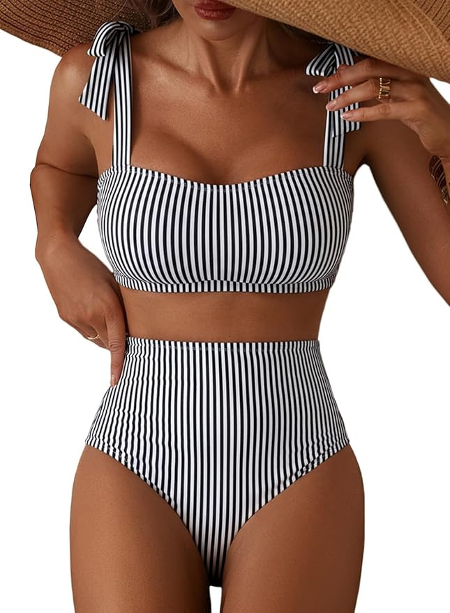 Herseas Women's Tie Shoulder Bikini Sets 2 Piece Striped Swimsuits High Waisted Bathing Suits | Amazon (US)