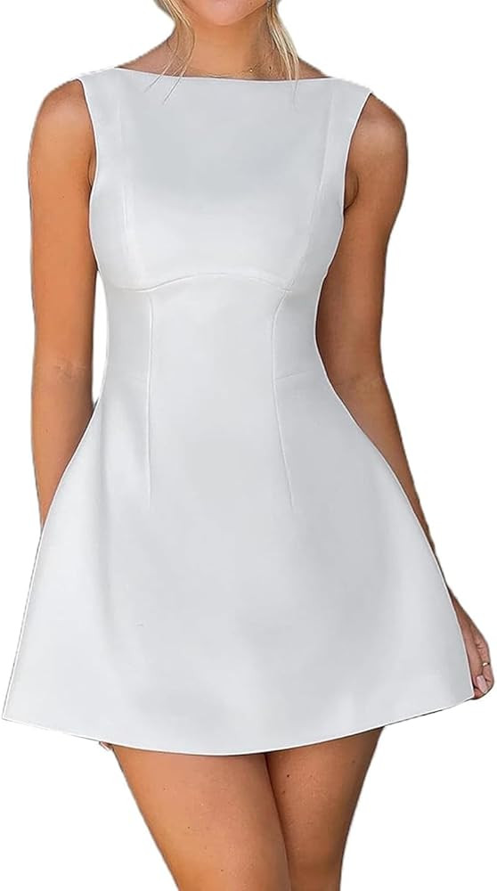 Amazon.com: ABYOVRT Women Sexy Backless Mini Dress Sleeveless Open Back A Line Formal College Gra... | Amazon (US)