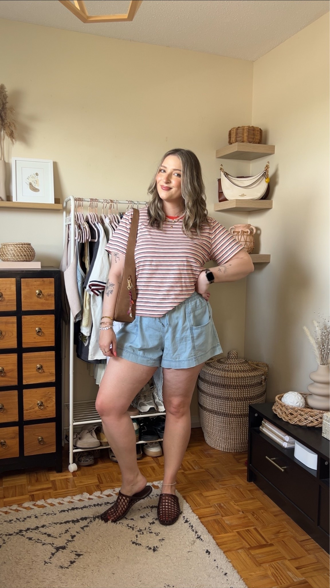 Comfy casual summer outfit! Wearing my usual size L in the shorts, sized up to XL in the striped tee for a looser fit. I’m a 9.5-10 shoe and wear a 10 in the jelly flats. Canadian shoe link under “similar products”

#LTKsummer #LTKmidsize #LTKstyletip
