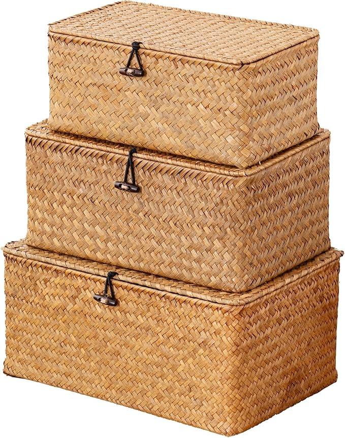 Nonam Storage Basket with Lid, Natural Seagrass Bin with Lid Set of 3, Shelf Baskets Multipurpose... | Amazon (US)