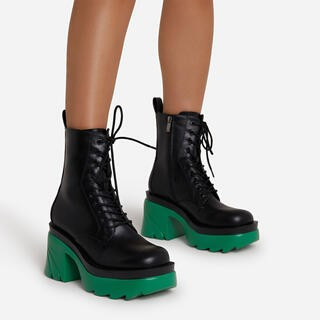 Derby Lace Up Green Cleated Sole Block Heel Ankle Biker Boot In Black Faux Leather | EGO (UK)
