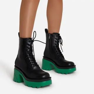 Derby Lace Up Green Cleated Sole Block Heel Ankle Biker Boot In Black Faux Leather | EGO Shoes (US & Canada)