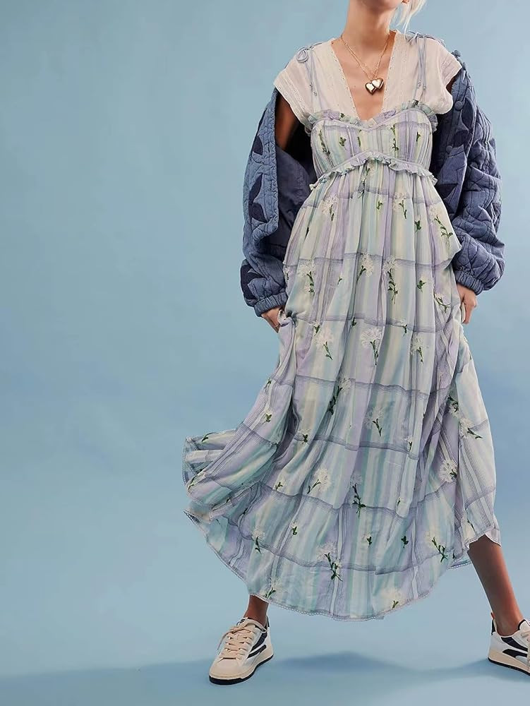 Women 2024 Summer Floral Print Boho Dress Spaghetti Straps Ruffle A Line Beach Long Maxi Dress | Amazon (US)