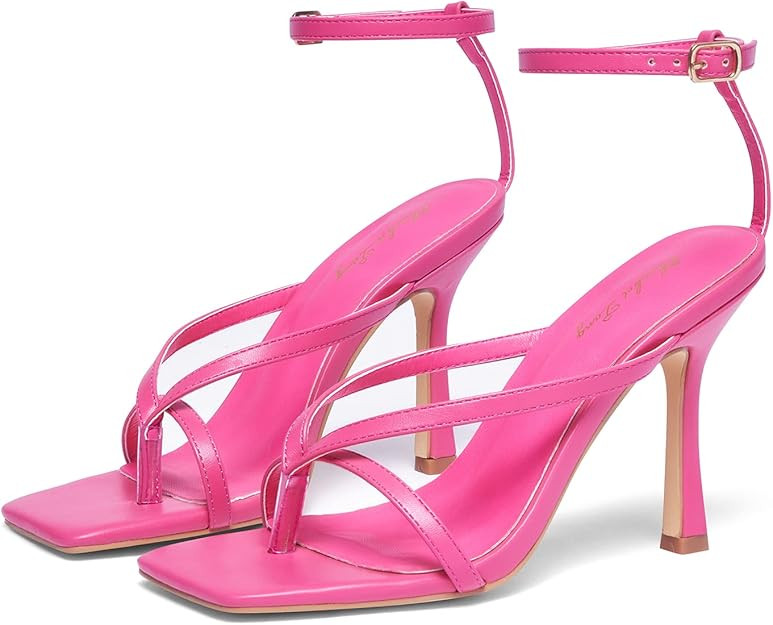 Elisabet Tang Womens Square Toe Heeled Sandals,4.3 inch Square Toe Thong Strappy Ankle Strap Stil... | Amazon (US)