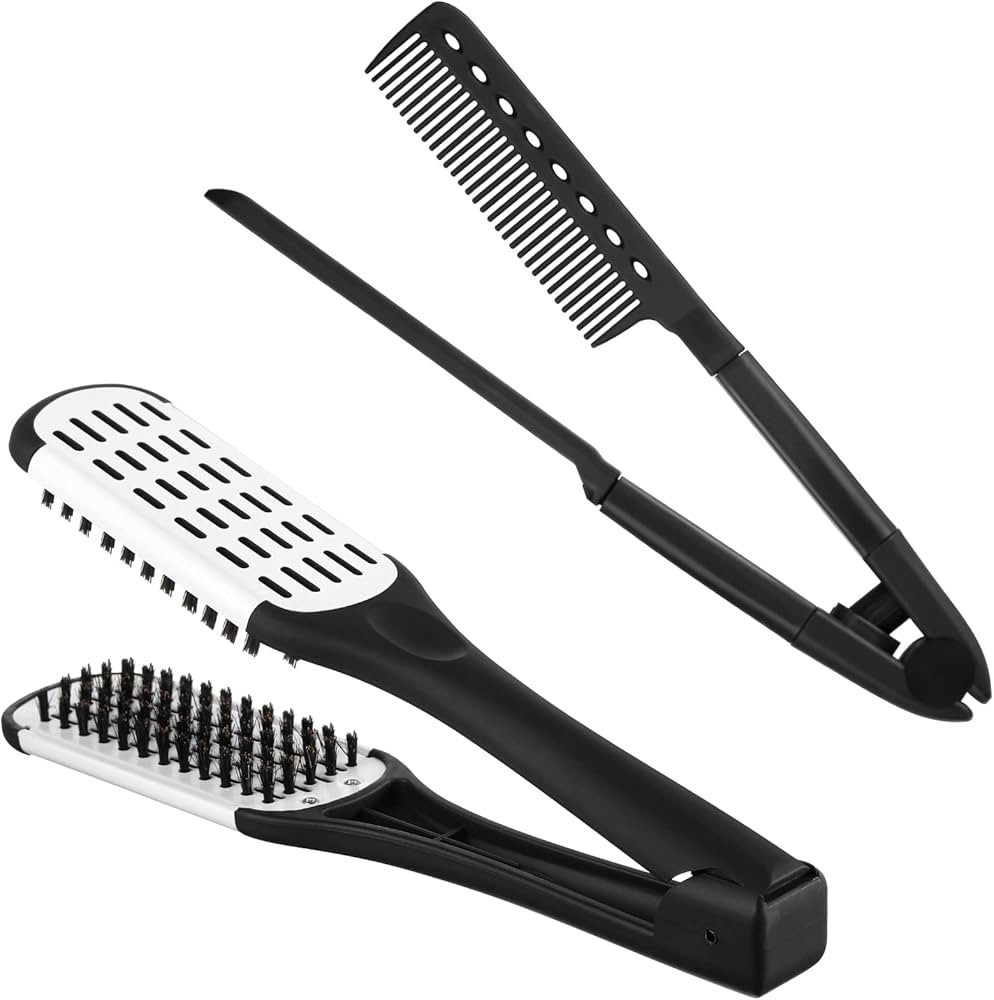 Chengu 2 Pcs Boar Bristle Brushes - Double Sided Clamp Brush and Flat Iron Comb for Straightening... | Amazon (US)