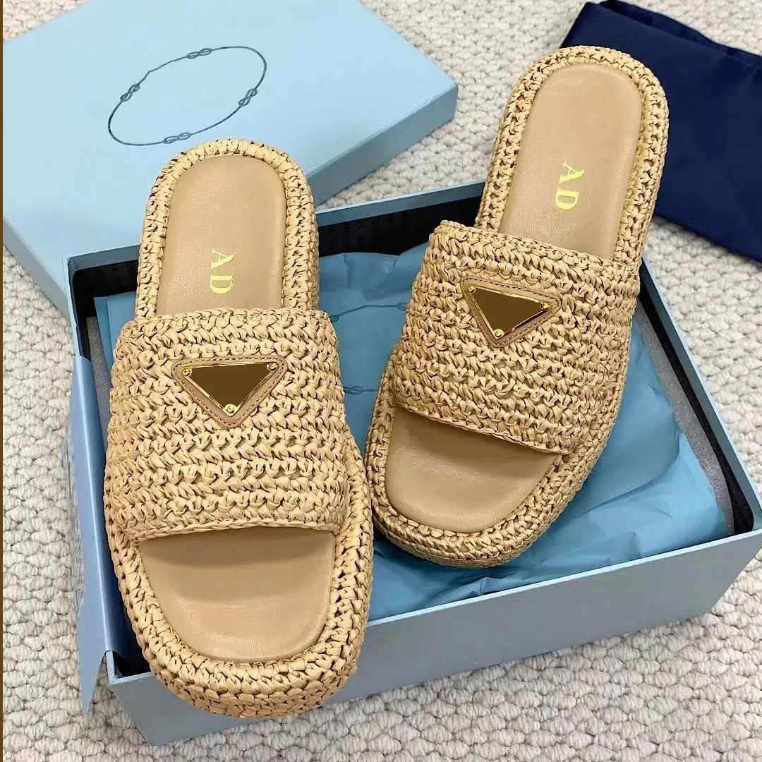 2023 New Prad triangle Straw weave Slipper sandal platform Raffias Slippers Designer womans mens ... | DHGate