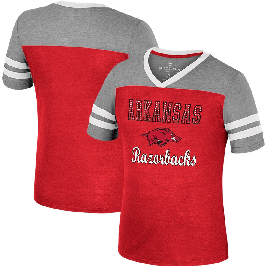 Arkansas Razorbacks Colosseum Girls Youth Summer Striped V-Neck T-Shirt - Cardinal/Heather Gray | Fanatics