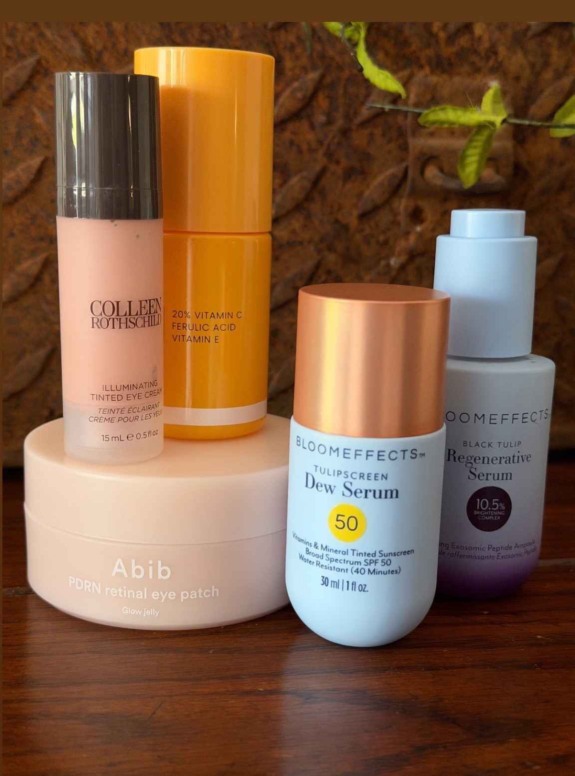 Today’s morning skincare. 
Eye masks
Brightening Eye cream
Vitamin C
Peptide serum 
Moisturizing Tinted Sunscreen 