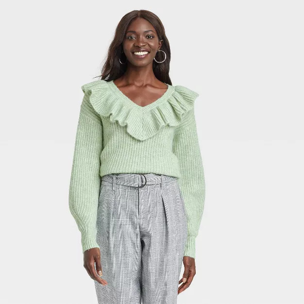 Women's V-Neck Ruffle Pullover Sweater - A New Day™ | Target
